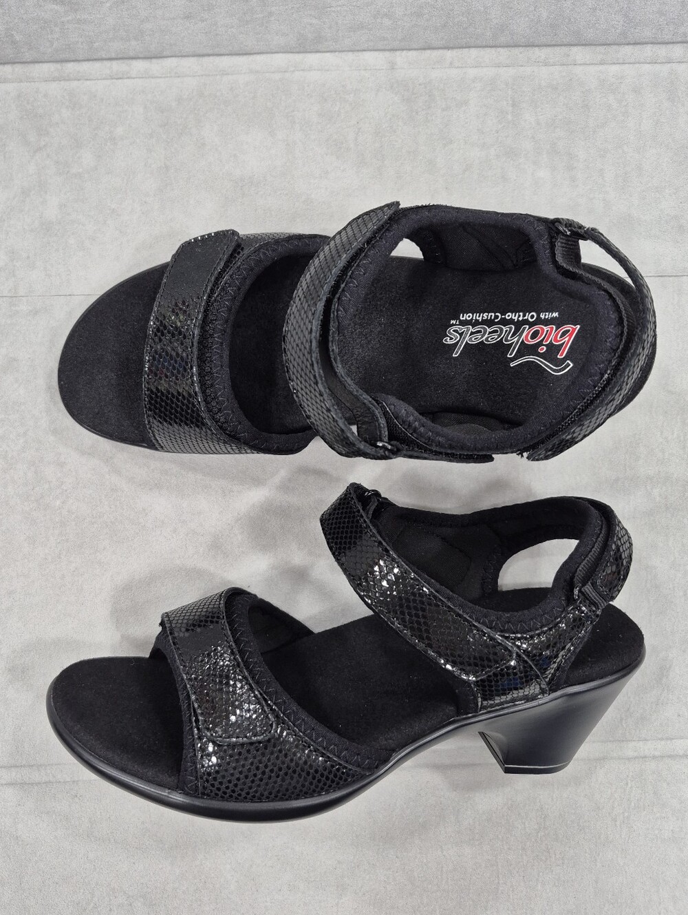 Bioheels sandals women's 6B black snake print adjustable straps Ortho-Cushion